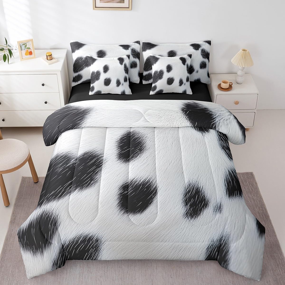 Erosebridal Cute Cow Print Kids King Bedding Set 7 Piece Cowhide Bed in A Bag for Boys Teens Adult Farm Animal Fur Comforter Set Farmhouse Wildlife Skin Sheets Lightweight Bedroom Decor