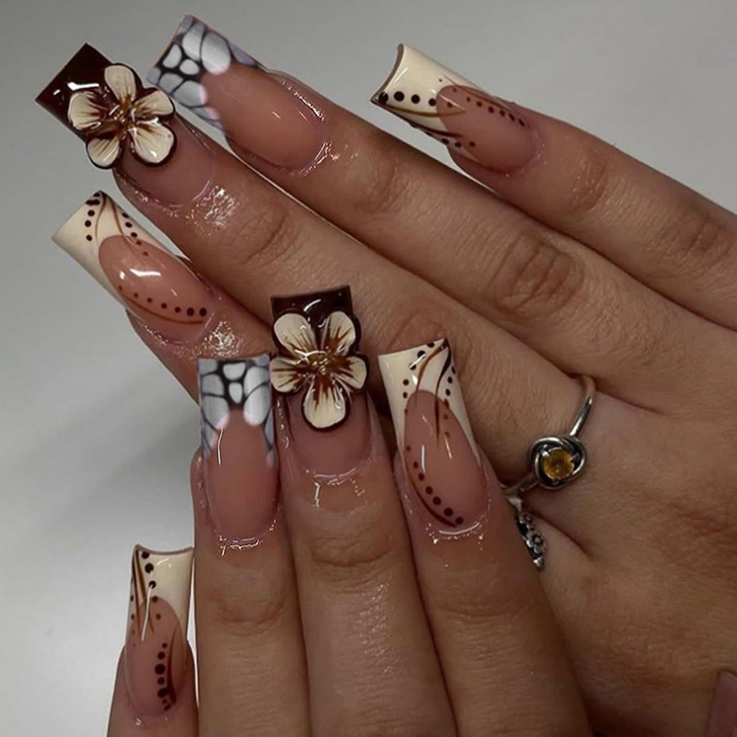 French Tip Press on Nails Long Square Fake Nails 3D Flowers Glue on Nails with Marble, Polka Dot Designs Full Cover Glossy False Nail Press ons Stick on Nail for Women Manicure 24Pcs