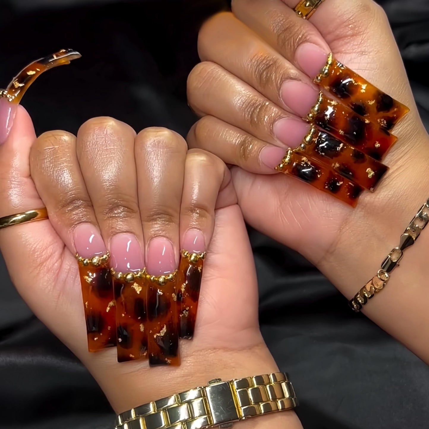 Curved Press on Nails Brown Fake Nails Leopard and Gold Chram Designs Stick on Nail for Women 24pcs