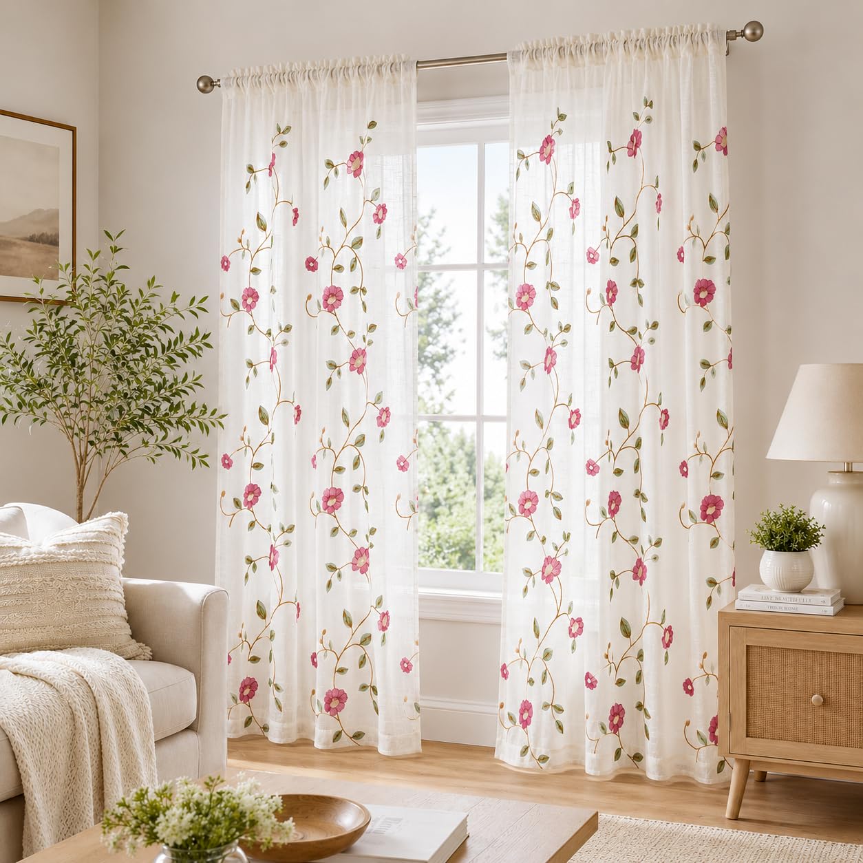 VOGOL Sheer Curtains 84 Inches Long, Red Floral Embroidered White Sheer Window Curtains for Living Room/Ding Room, Rod Pocket, W52 X L84, 2 Panels