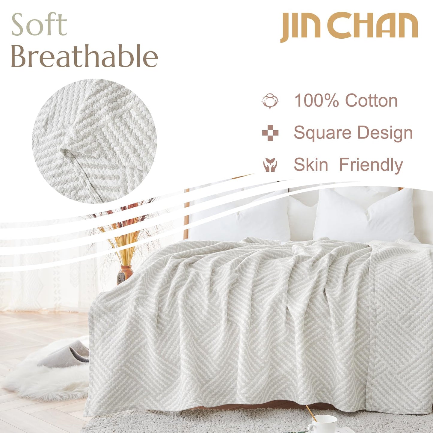 jinchan Boho 100% Cotton Blanket Muslin Twin Size 60x80 Inches Lightweight 3-Layer Geometric Square Pattern Reversible Quilt Throw Soft Breathable Comfy All Seasons for Couch Bed Decor, Light Grey