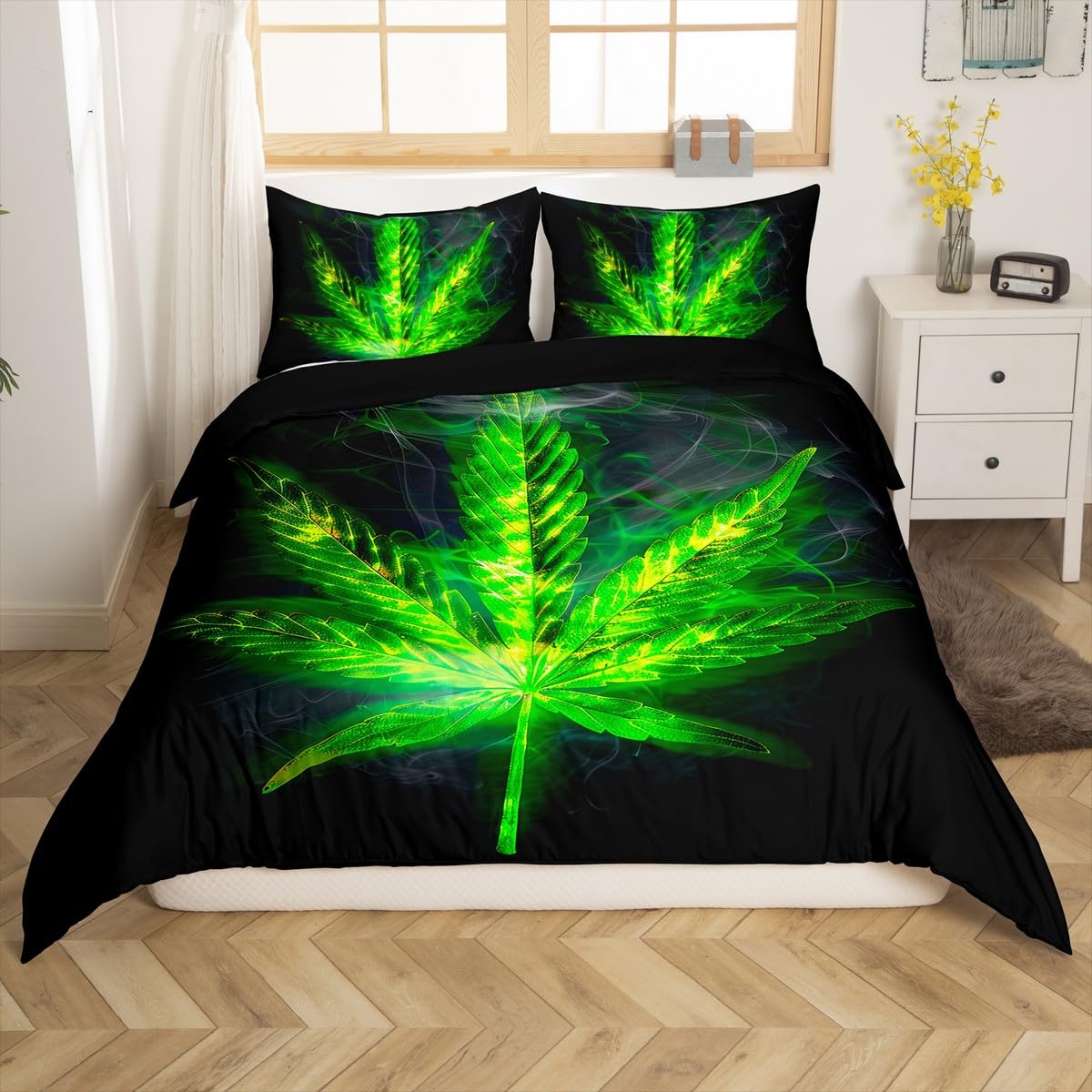 Erosebridal Bohemia Leaves Duvet Cover, Boho Plant Leaf Comforter Cover Queen Size for Kids Teens Adult, Bohemia Vibrant Green Bedding Set Bedroom Decor with 2 Pillow Cases, Green Black