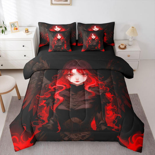 Erosebridal Japanese Anime Comforter Set Japan Ukiyoe Girl Bedding Set 7 Pieces Black and Red Anime Bed in A Bag Twin,Japanese Style Sheet Set with Comforter for Room Decor