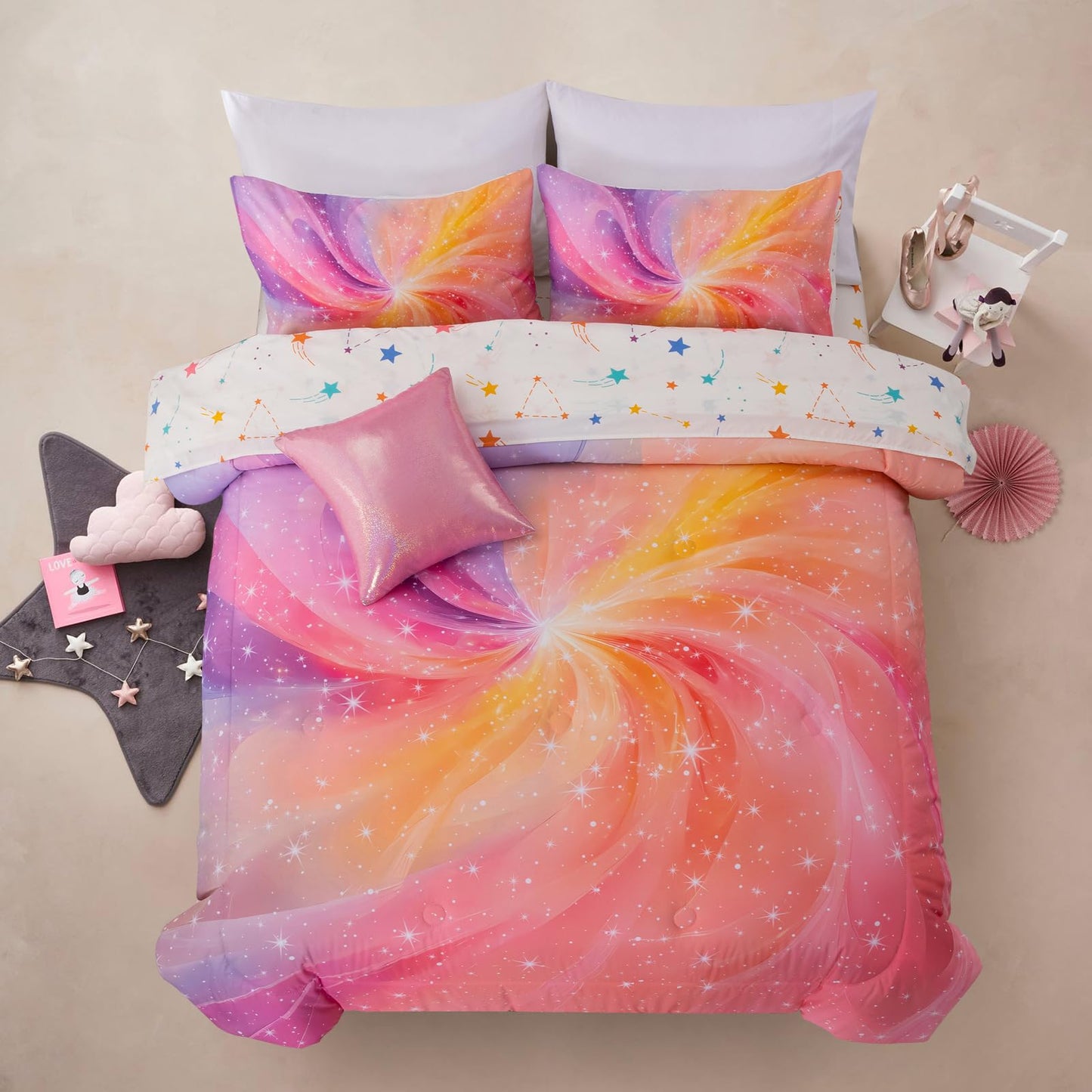 A Nice Night 6Pcs Twin Swirling Galaxy Dreamy Comforter Set, Colorful Rainbow Gradient Glitter Tie Dye Comforters, Ultra Soft Bedding Set (Purple-Pink, Twin 6Pcs)