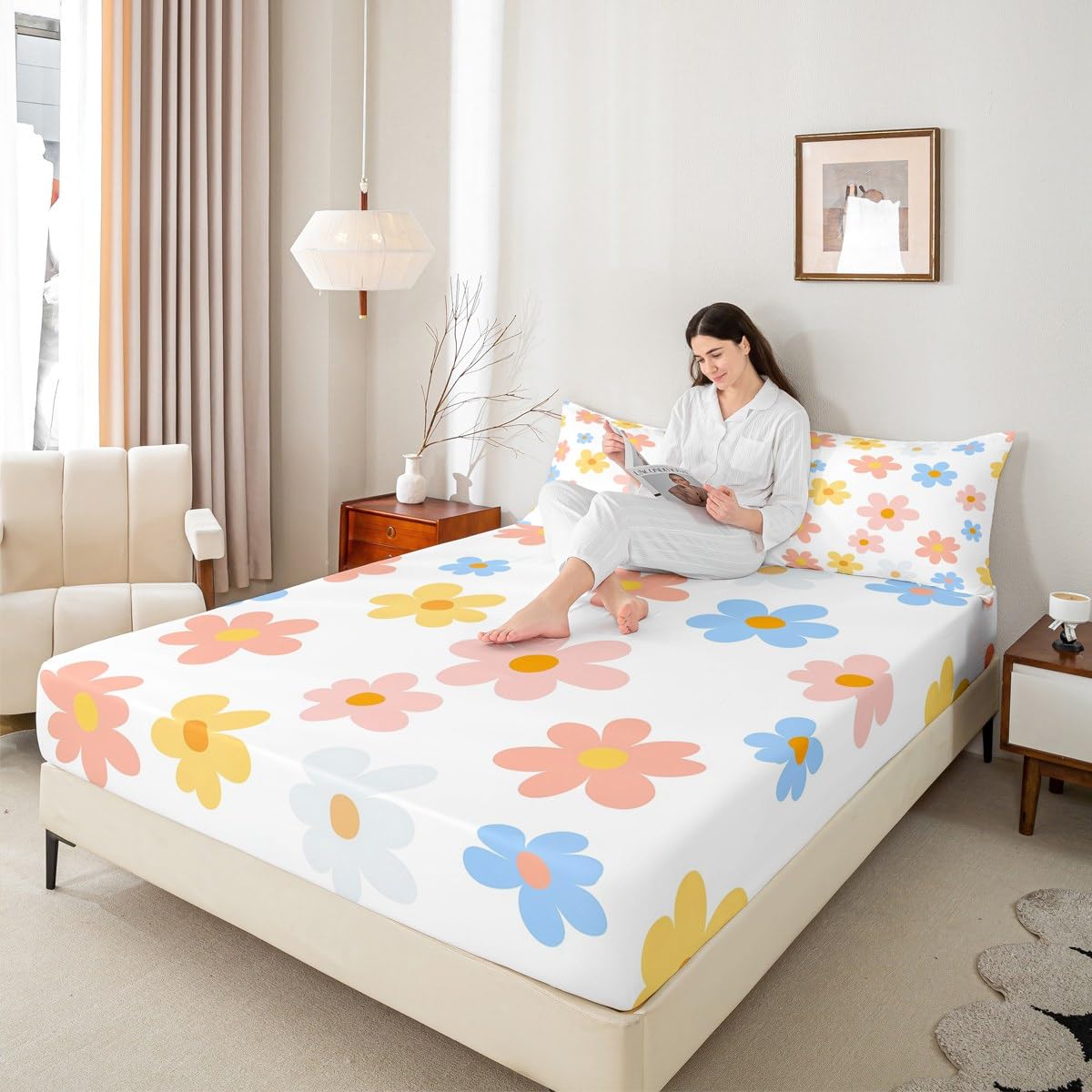 Feelyou Kids Cute Flower Sheet Set Twin Size, Cartoon Floral Printed Bedding Set Wildflower Pink Bed Sheets Set Boys Girls Kawaii Teens Bedroom Decor Microfiber Soft Bed Set