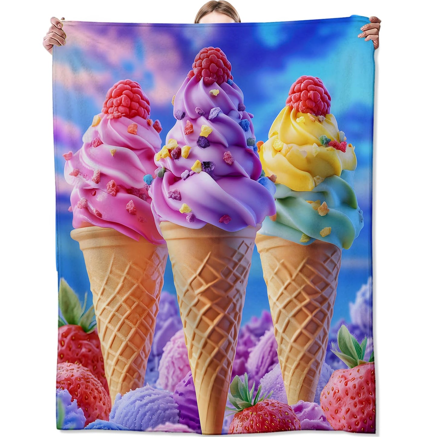 Ice Cream Blanket for Adult Kids, Ice Cream Decor Gifts for Sofa Couch Bed Living Room Soft, Flannel Ice Cream Throw Decoration Soft Warm Lightweight Cozy 60" x 50"