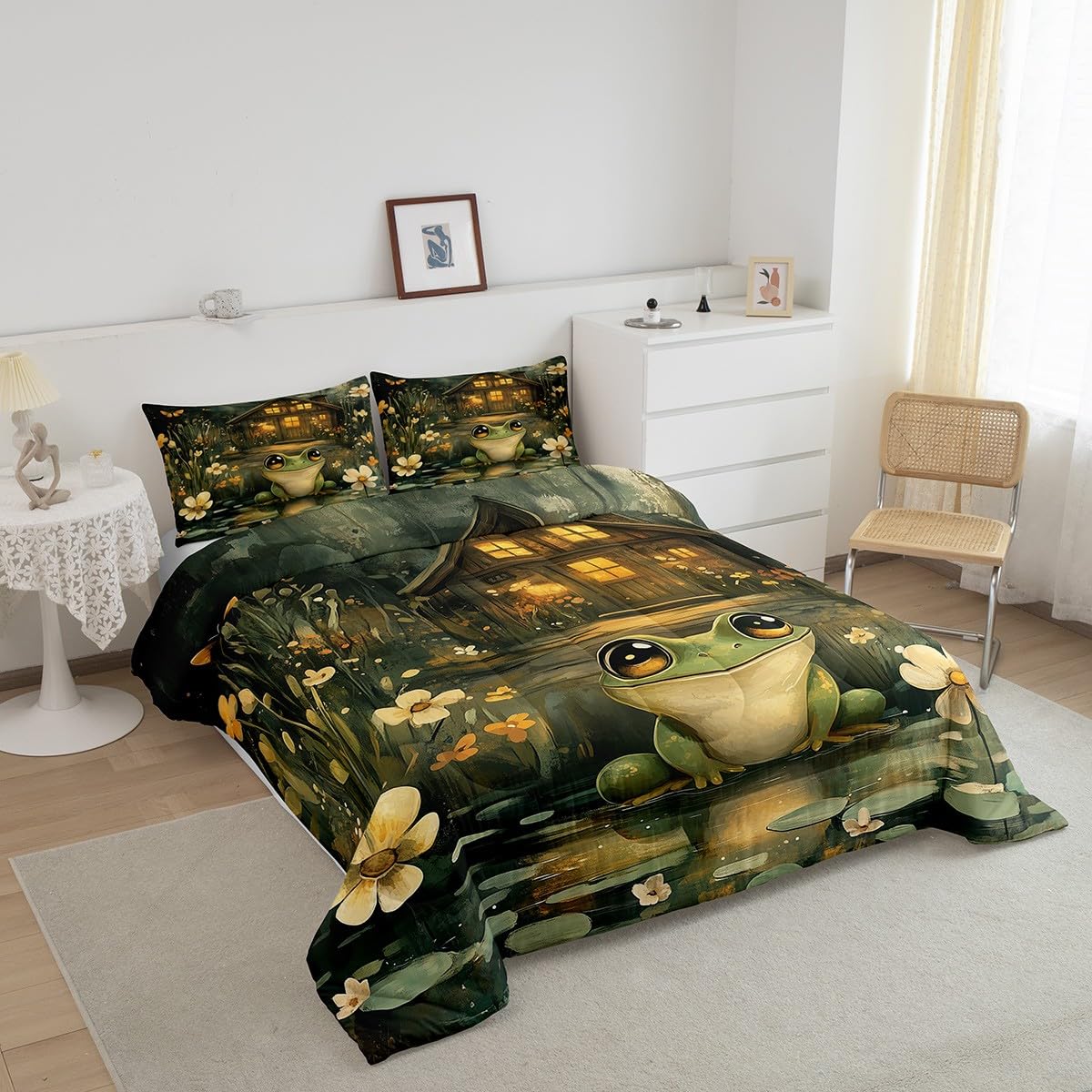 Manfei Cute Frog Kids Comforter Set,Jungle Lodge Wild Animal Dreamy Bedding Set All Season,Rustic Daisy Flowers Lake Lotus Leaves Starry Cabin Comforter 2 Pcs with 1 Pillowcase,Twin Size