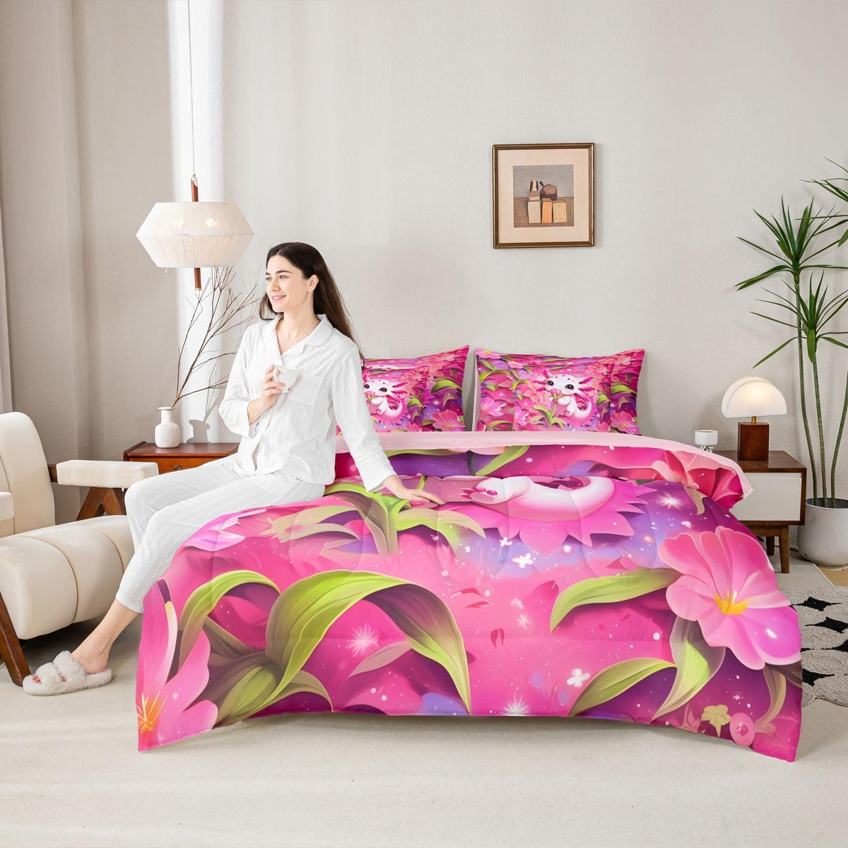Erosebridal Kids Floral Axolotl Twin Size Bedding Set Teen Girl Cute Axolotl 7 Pieces Comforter Set with Sheets Romantic Sea of Flowers Bed in a Bag Girly Pink Sea Ocean Animal Bed Sets