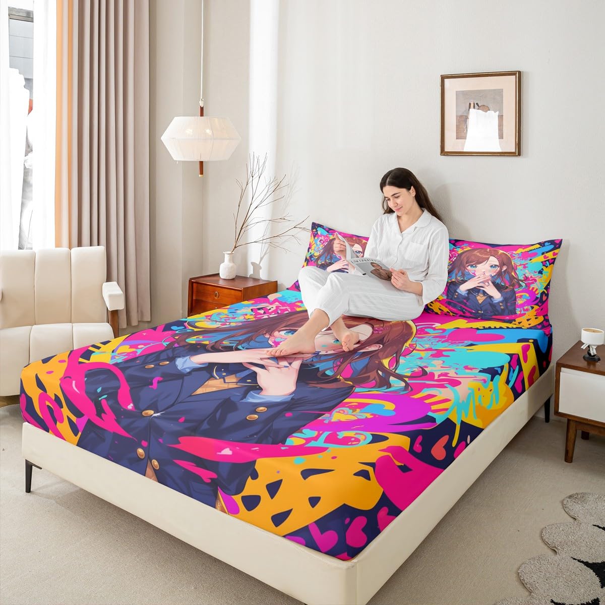 Erosebridal Anime Girl Twin Bed Sheets, Japanese Anime Bedding Set 2 Piece for Kids Girls Teens Adult Bedroom Decor, Cartoon Girl Fitted Sheet Kawaii Japanese Animation Sheets