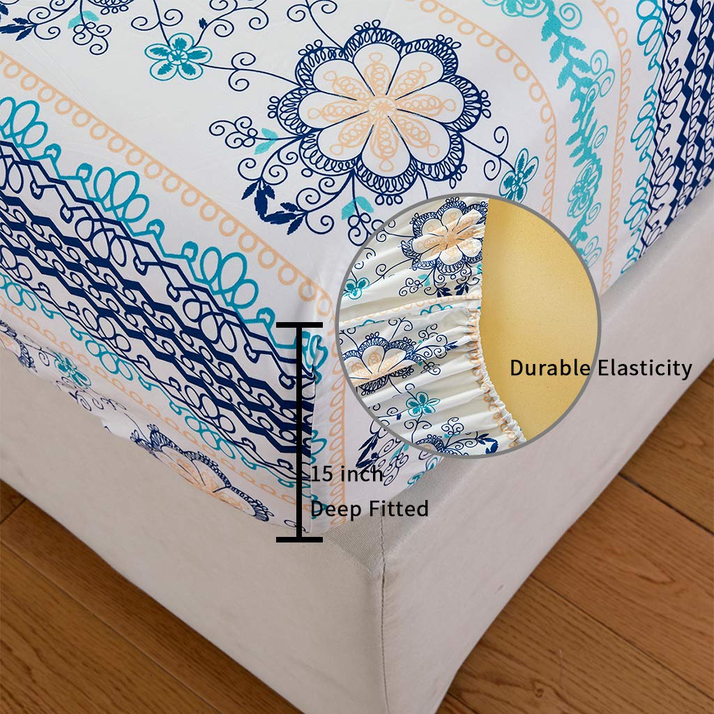 JSD Blue Boho Printed Sheet Set Queen Size, 4 Piece Soft Floral Microfiber Sheets Extra Deep Pocket