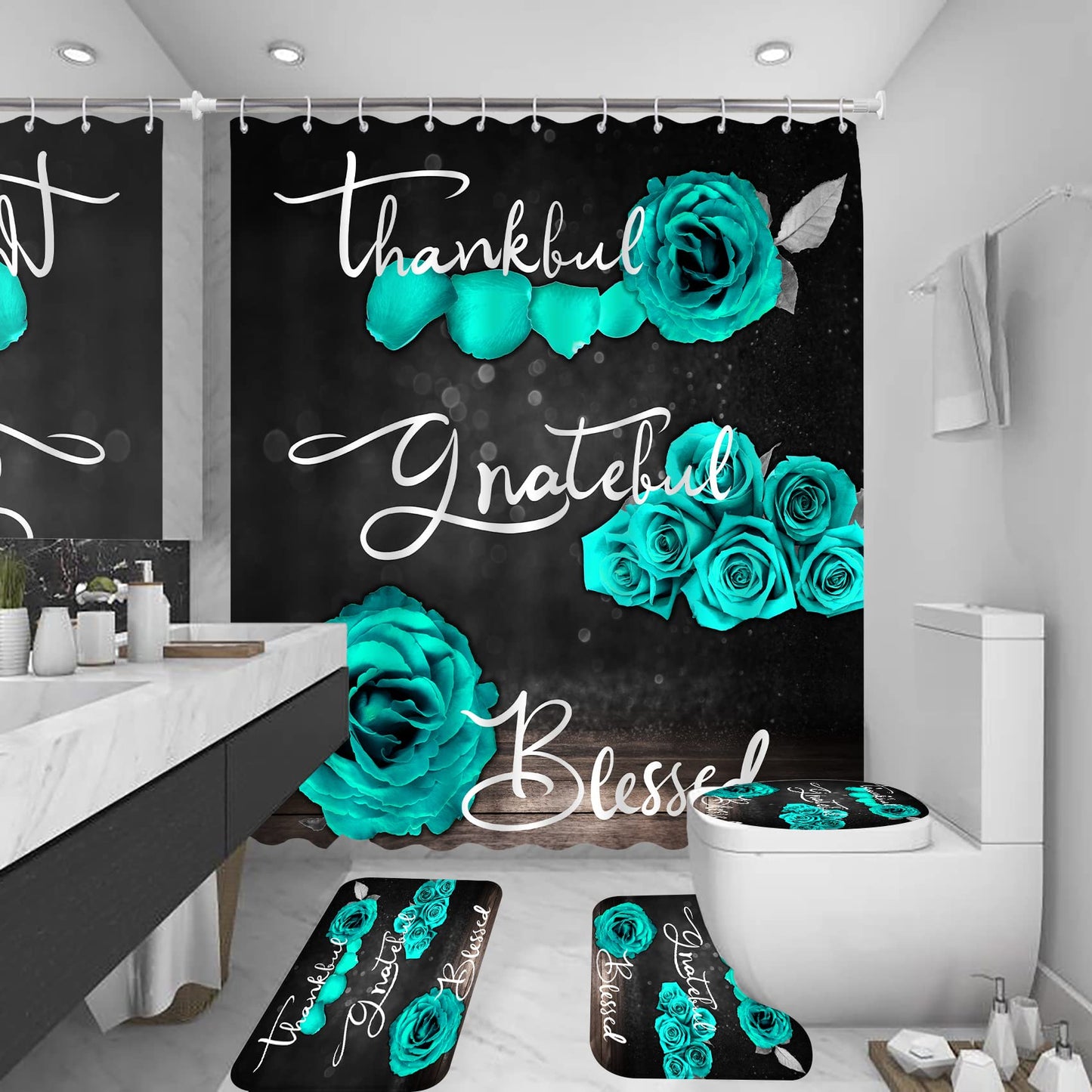 4Pcs Teal Rose Shower Curtain Set, Thankful Grateful Blessed Turquoise Bathtub Curtain with Non-Slip Rug, Toilet Lid Cover, Bath Mat and 12 Hooks, Romantic Green Floral Bathroom Decor, 72 x 72 inch