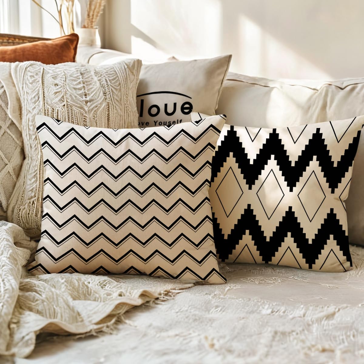 ULOVE LOVE YOURSELF Square Decorative Throw Pillows Cushion Covers Black& Beige Stripes Modern Geometry Print Home Pillowcases 18 X 18 Inch,4 Pack(Black)