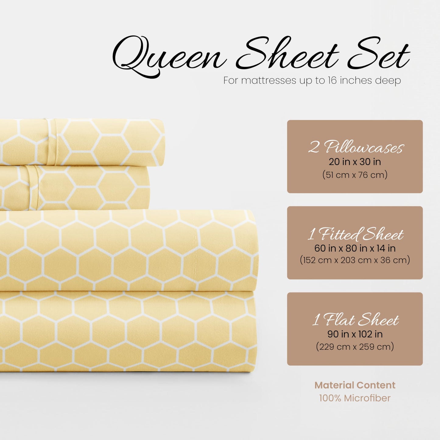 Linen Market Patterned Microfiber Queen Sheet Set 4 Piece – Oeko-TEX Certified Ultra Soft & Wrinkle-Free - 16" Deep Pocket Sheets - Easy Care Queen Size - Honeycomb Yellow