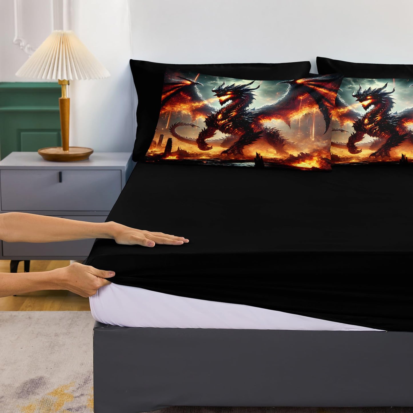 Bedbay Fire Dragon Bed in a Bag King Size Comforter Set with Sheets Mythical Sci-fi 3D Fiery Dragon Print Boys Girls Teen Adults Room Decor Soft Fluffy Comforter Fantasy Bedding Set for All Seasons