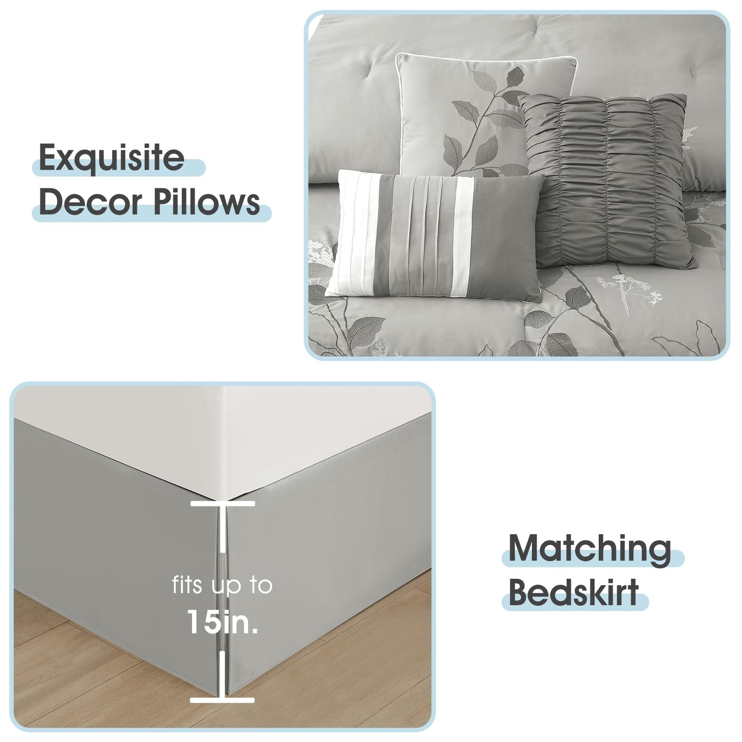 LANCO MODERN LIFESTYLE Grey Queen Comforter Set, 7 Pieces Bed in a Bag, Elegant Floral Leaves Embroidery, Soft and Lightweight All Seasons Bedding Set, Bedskirt, Pillow Shams, Decor Pillows