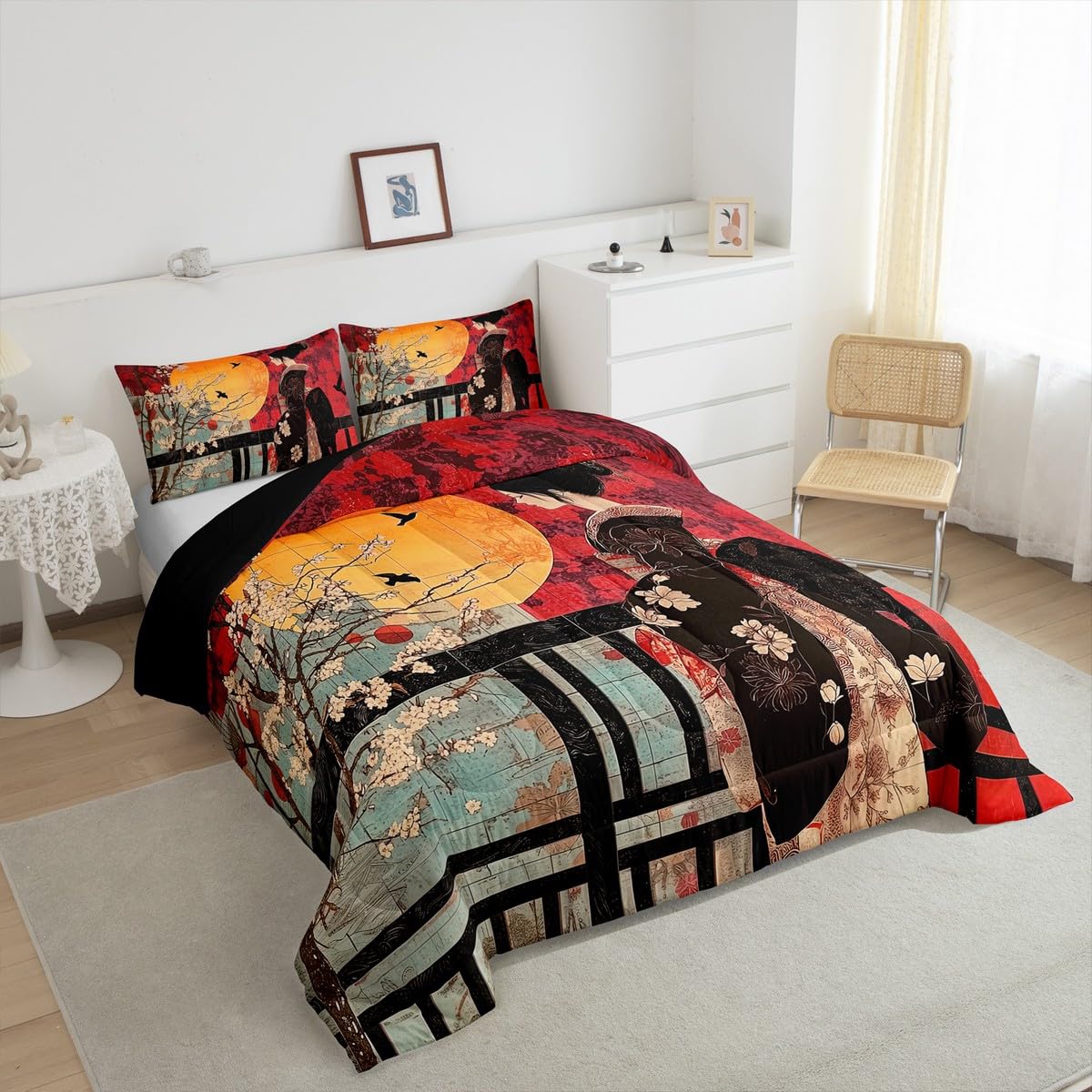 Erosebridal Japanese Style Comforter Set, Cherry Blossoms Down Comforter Queen Size for Kids Girls Women Bedroom Decor, Sakura Flower Bedding Set, Japan Ukiyo-E Quilt, Red, Lightweight