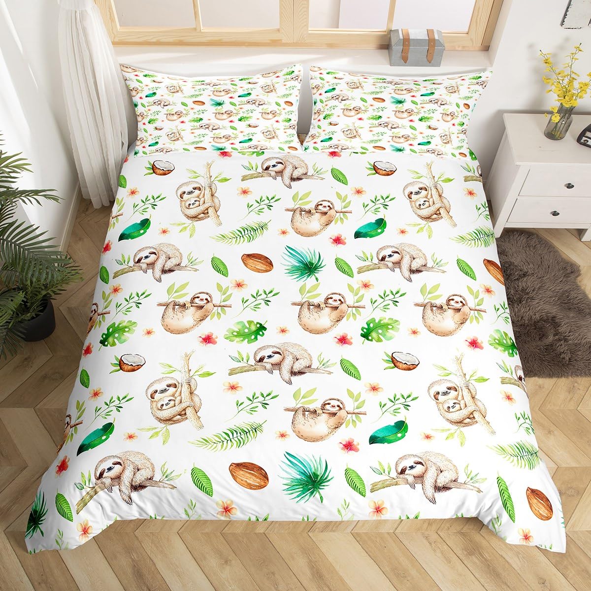 Homewish Sloth Duvet Cover Set Cartoon Sloth Tree Leaf Print Bedding Set 3pcs for Kids Boys Girls Animal Theme Comforter Cover Soft Polyester Quilt Cover with 2 Pillow Cases (No Comforter) King Size