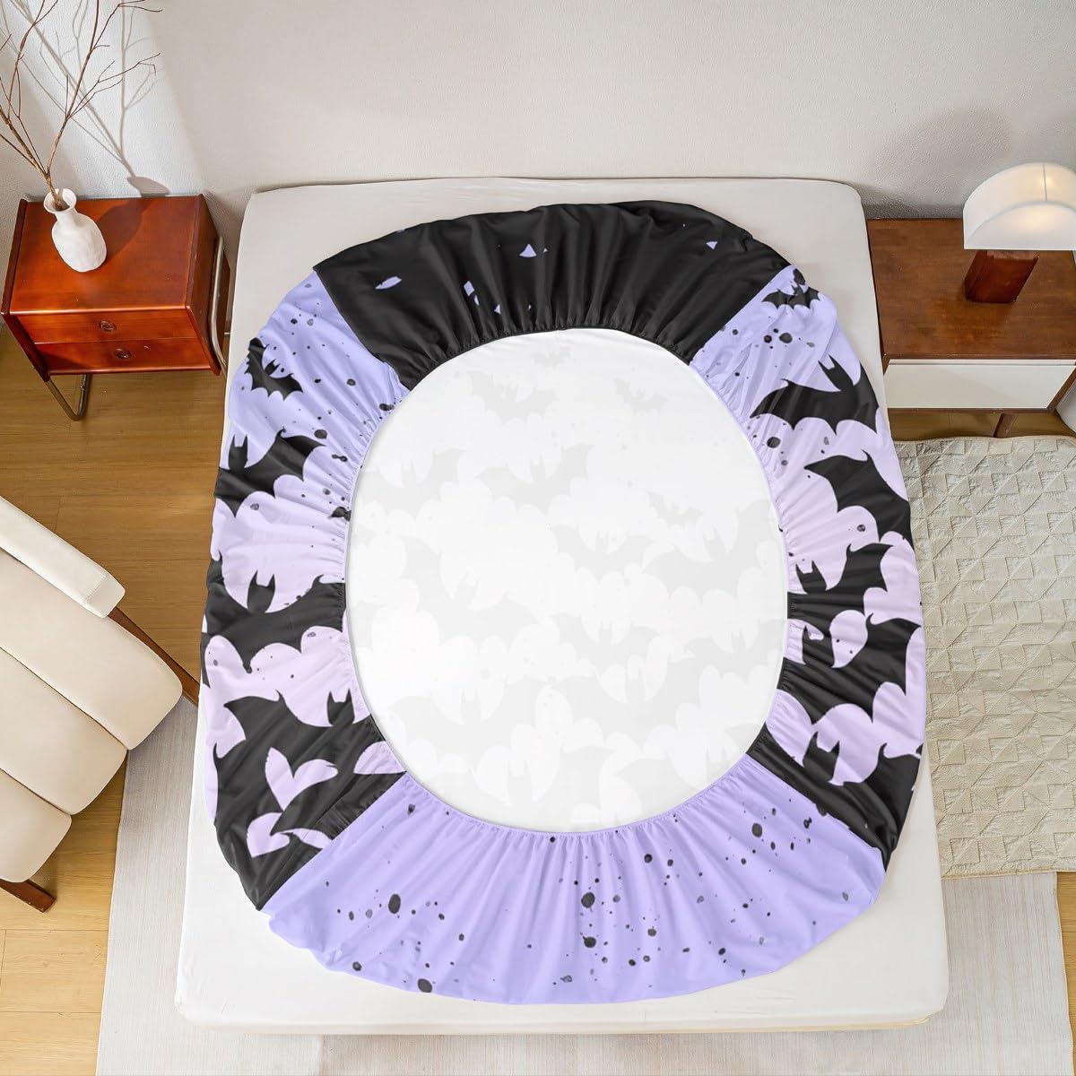 Happy Halloween Kids Sheet Full Size,Black Bats Gothic Chic Bedding Set,Boys Girls Adults Room Decor,Blue Purple Ombre Romantic Simple Style Bed Sheet Set 4pcs(Fitted + Flat + 2 Pillowcases)