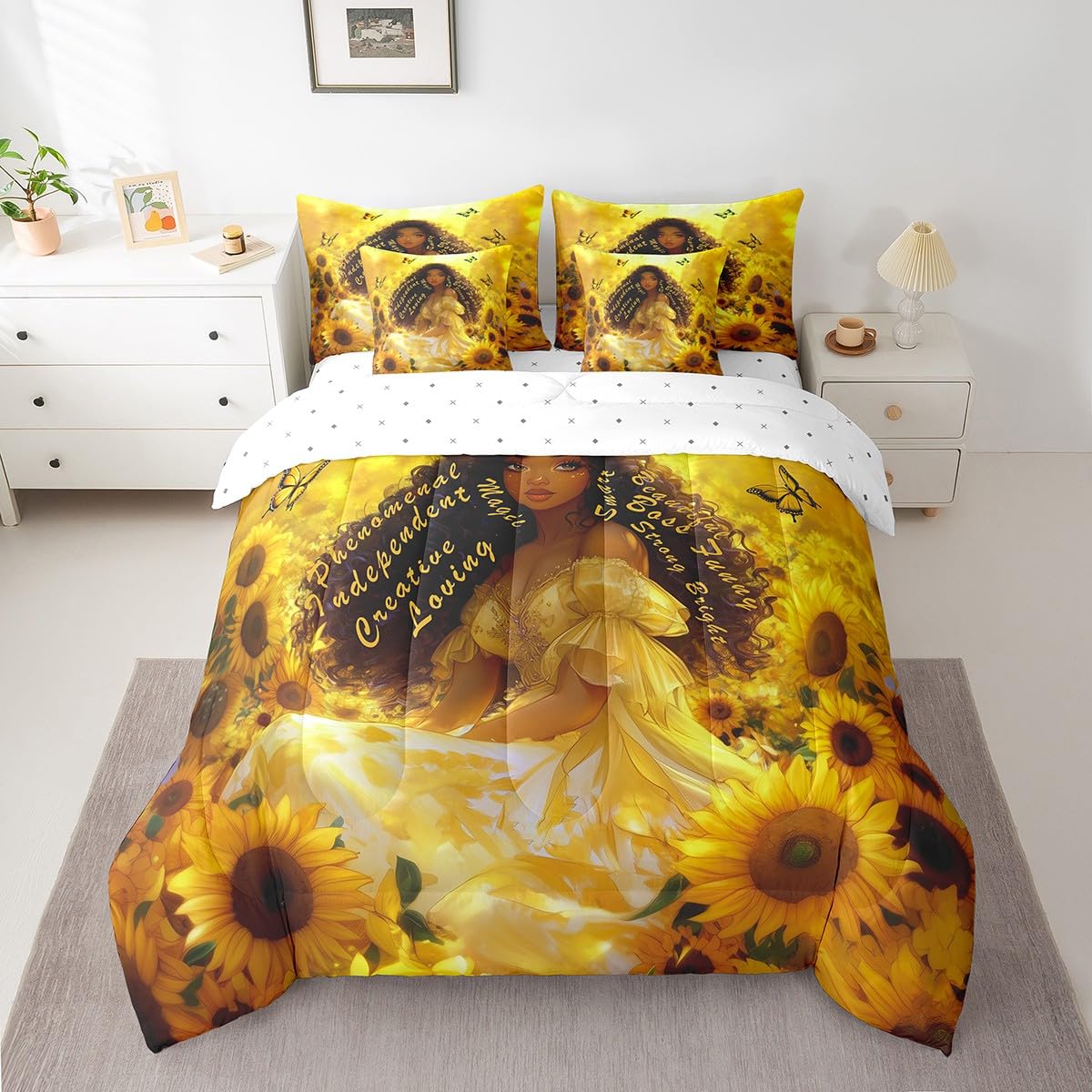 Castle Fairy Girl Sunflower Bed in a Bag Comforter Set,American Inspirational Quotes Twin Size 7 Pieces for Kids Teens,Golden Flowers Bedding Set with Comforter, Sheet Set, Pillowcases, Pillow Covers