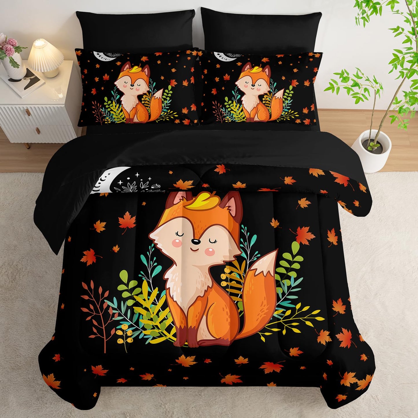 XYNHML Cartoon Fox Comforter Set 7Pcs Cute Fox Bedding Set for Kid Boy Girl Adult Moon Plants Leaves Printed Quilt Set Twin with 2 Sheets,2 Pillowcases,2 Throw Pillow Covers