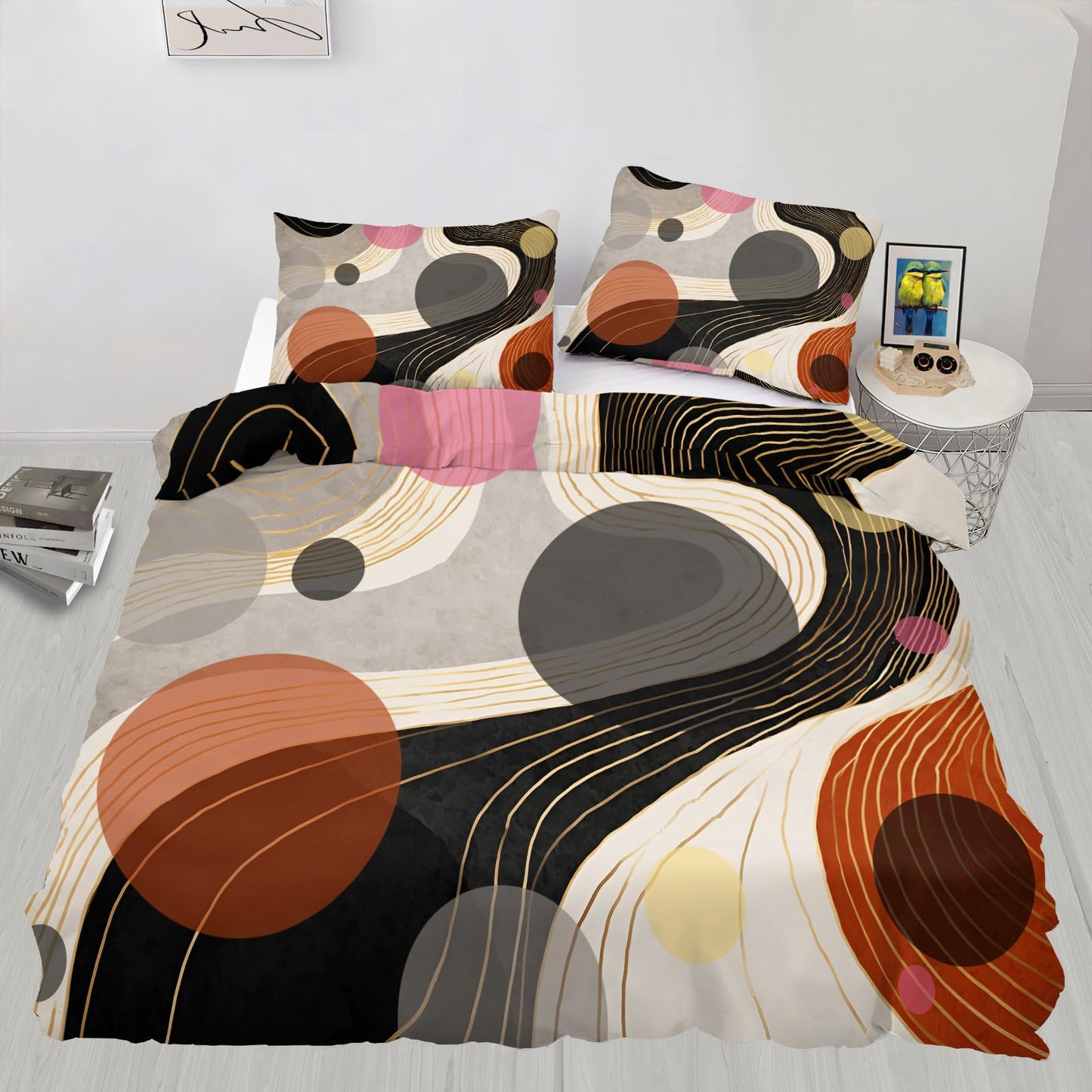 ZAOMIR Geometric Abstract Duvet Cover Twin Size for Teen Women Adult, Modern Geometric Line Bedding Set 3 Piece, Minimalist Mid Century Circle Patterned Comforter Cover with Zipper, 2 Pillowcases