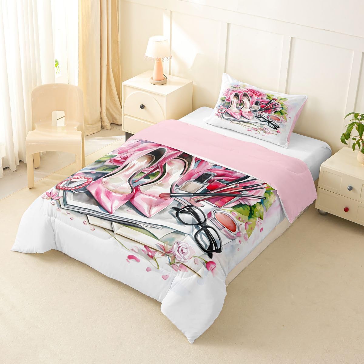 Erosebridal High Heel Comforter Set Rose Floral Twin Bedding Sets for Girls Children Boys Book Perfume Girly Coquette Comforter Fashion Makeup Theme Quilt