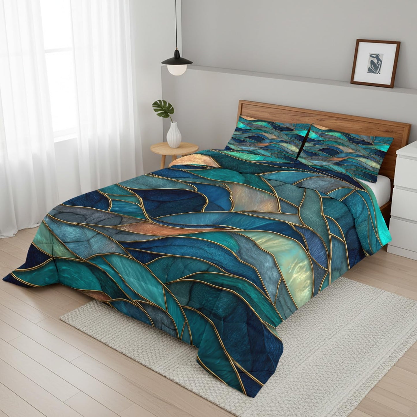 Flumoxa Stained Glass Comforter Set Full, Teal Abstract Marble Comforter Down Alternative All Season Bedding, Stained Glass Bed Sets Full Size with Pillowcase, Bedroom Decor