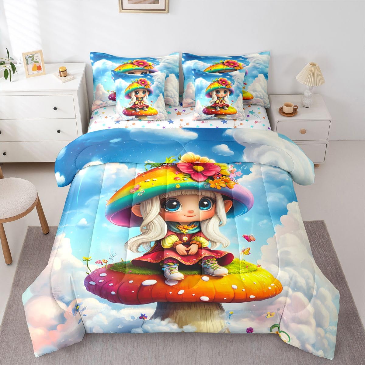 Feelyou Cute Mushroom Decor Comforter Set with Sheets 7 Piece Twin Size Cartoon Mushrooms Bed in a Bag Kids Boys Girls Kawaii Fungus Bedding Set Rainbow Bedroom Decor Breathable Soft Lightweight