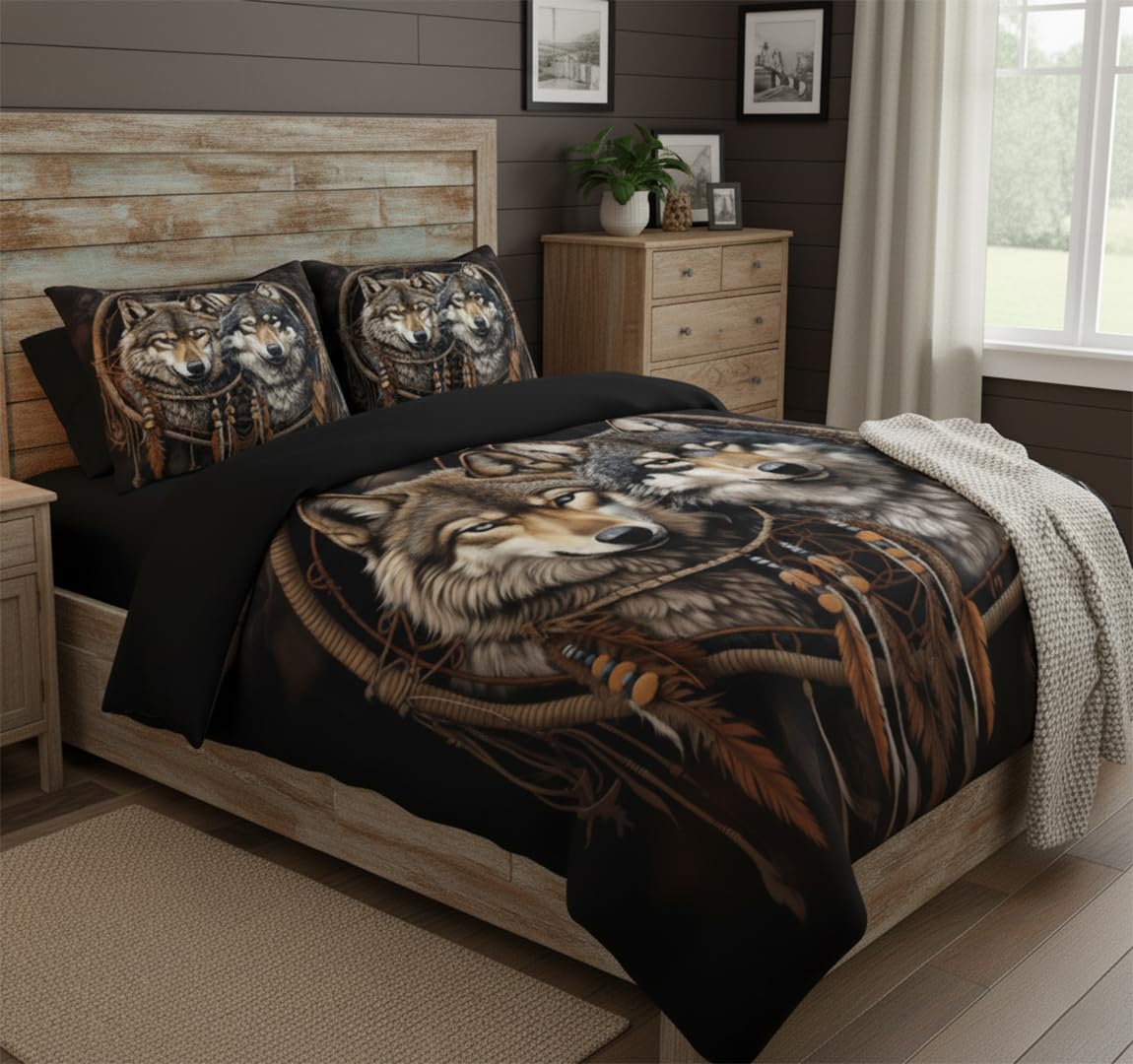 CCoutueChen Black Wolf Comforter Set Queen Size, Cabin Lodge, Wildlife Animal Print Bedding Set with Dreamcatcher, Soft Microfiber Lightweight Comforter,3 Pcs 2 Pillowcases/90 x90