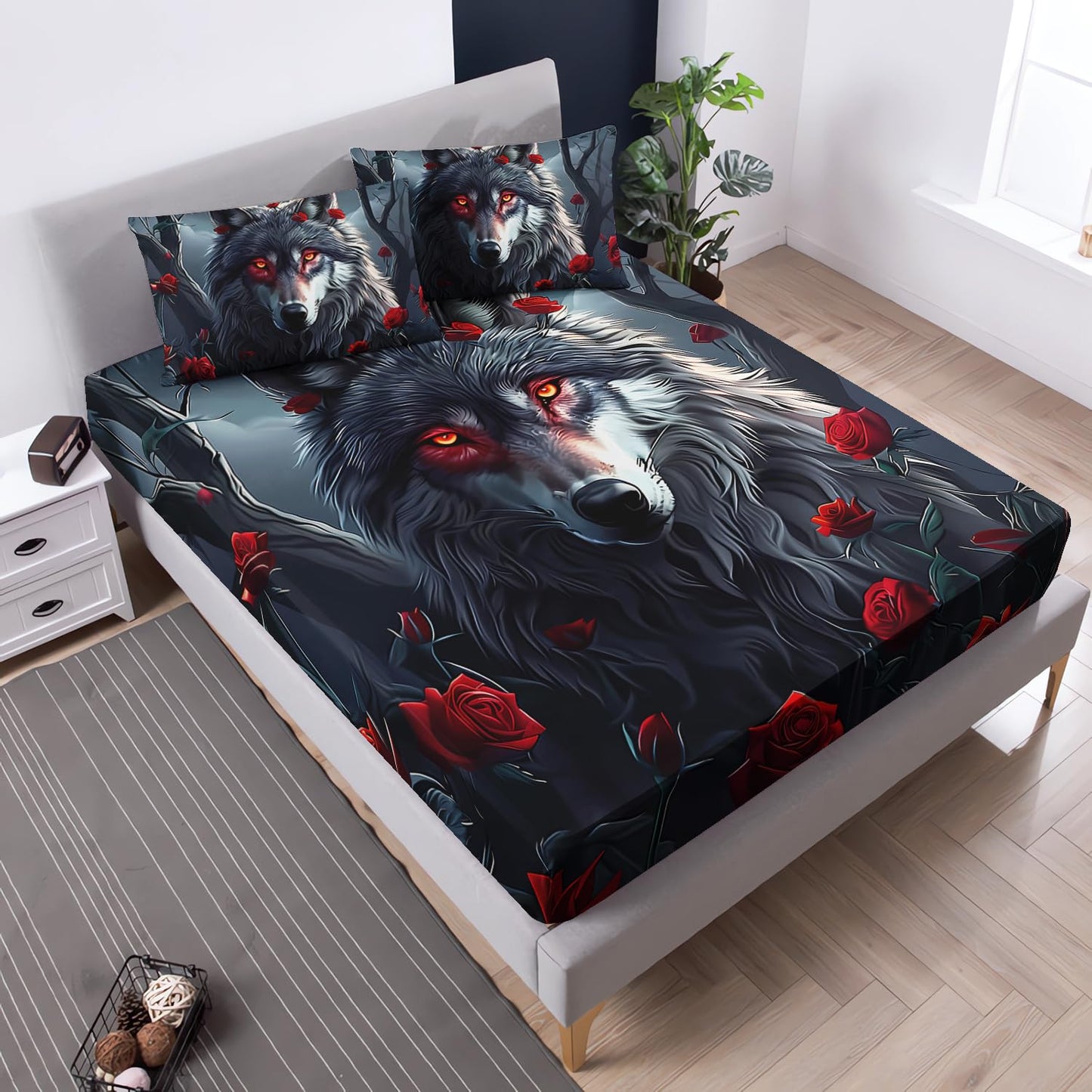 UEVBF Wolf Bedding Fitted Sheet Sets Twin Size,Moon Night Forest Floral Printed Bedding Set for Kids Girls Boys Room Decor,Western Animal Themed Bedding Sets,1 Fitted Sheet+2 Pillowcases.