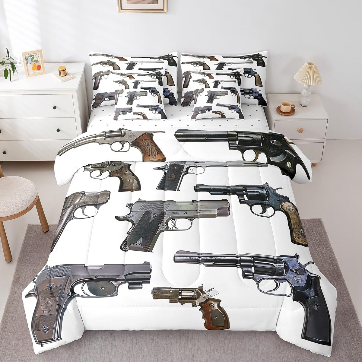 Erosebridal Guns 7 Piece Comforter Set Full Bed in a Bag,Firearms Bedding Sets Handgun Sheet Set with Comforter