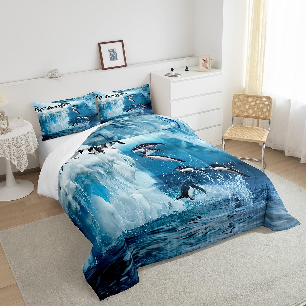 Feelyou Penguin Comforter Queen, 3 Pieces(1 Comforter, 2 Pillowcase), Cute Polar Animal Bedding Set for Boys, Girls, Kids, Teens, Adults