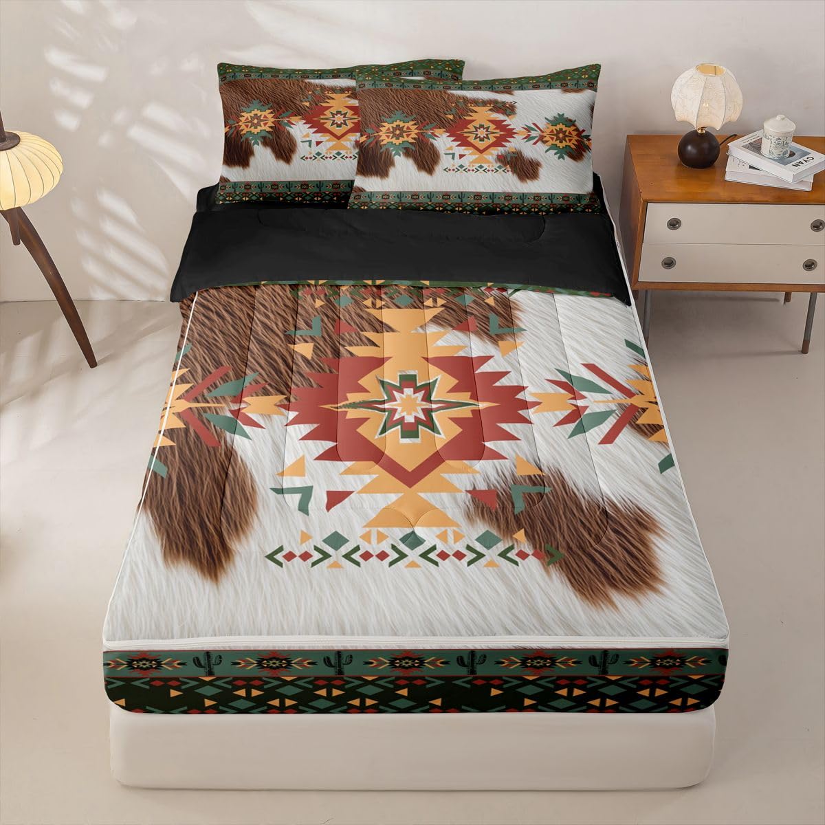Feelyou Southwestern Zipper Bedding Twin Geometric Zipper Bedding Sets for Kids Boys Girls Tribal Comforter Set with Fitted Sheet and Pillowcases