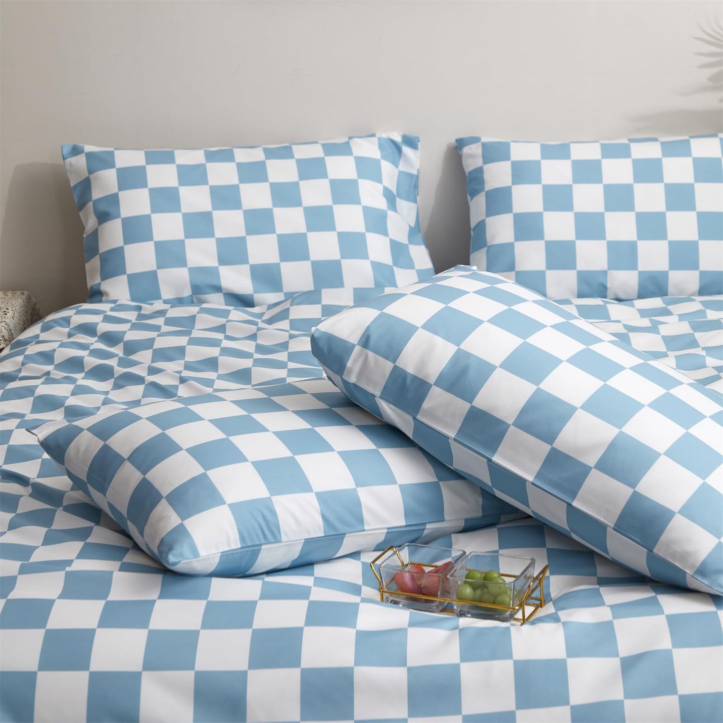 KAREVER Blue White Grid Comforter Set Full Blue Plaid Bedding Set Girls Blue White Checkered Bed Blanket Set Kids Durable Breathable Bedding Comforter Set