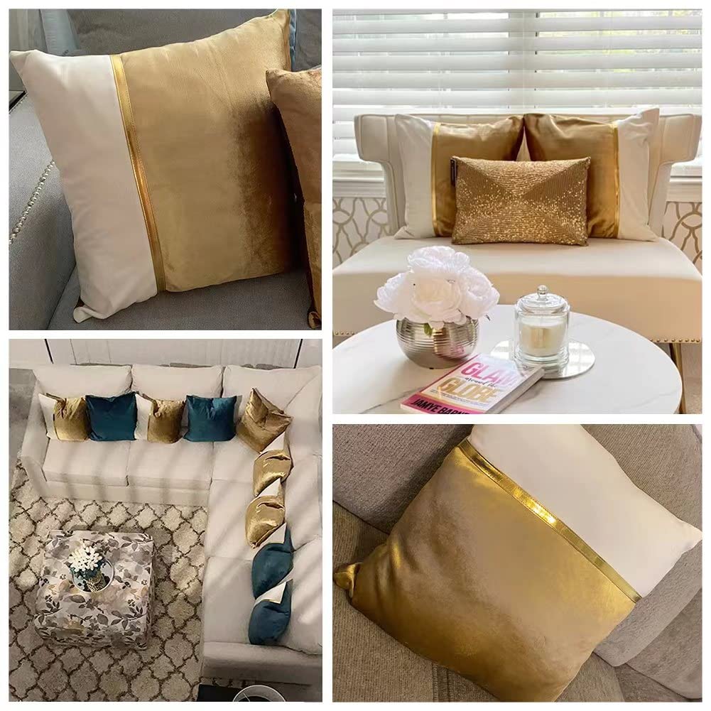 Fancy Homi 2 Packs Gold Decorative Throw Pillow Covers 18x18 Inch for Living Room Couch Bed, Velvet Patchwork with Gold Leather, Luxury Modern Farmhouse Home Decor, Accent Cushion Case 45x45 cm