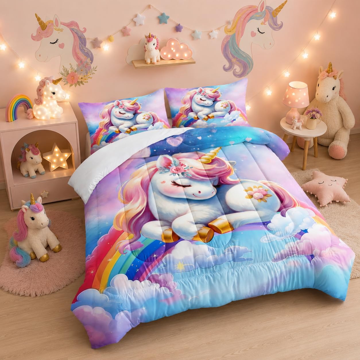 XYNHML Pink Blue Unicorn Comforter 3pcs Full Kids Clouds Rainbow Flowers Quilt Boys Girls Bedding Set Cute Printed Fantasy Room Decor Bed Set with 1 Comforter and 2 Pillowcases