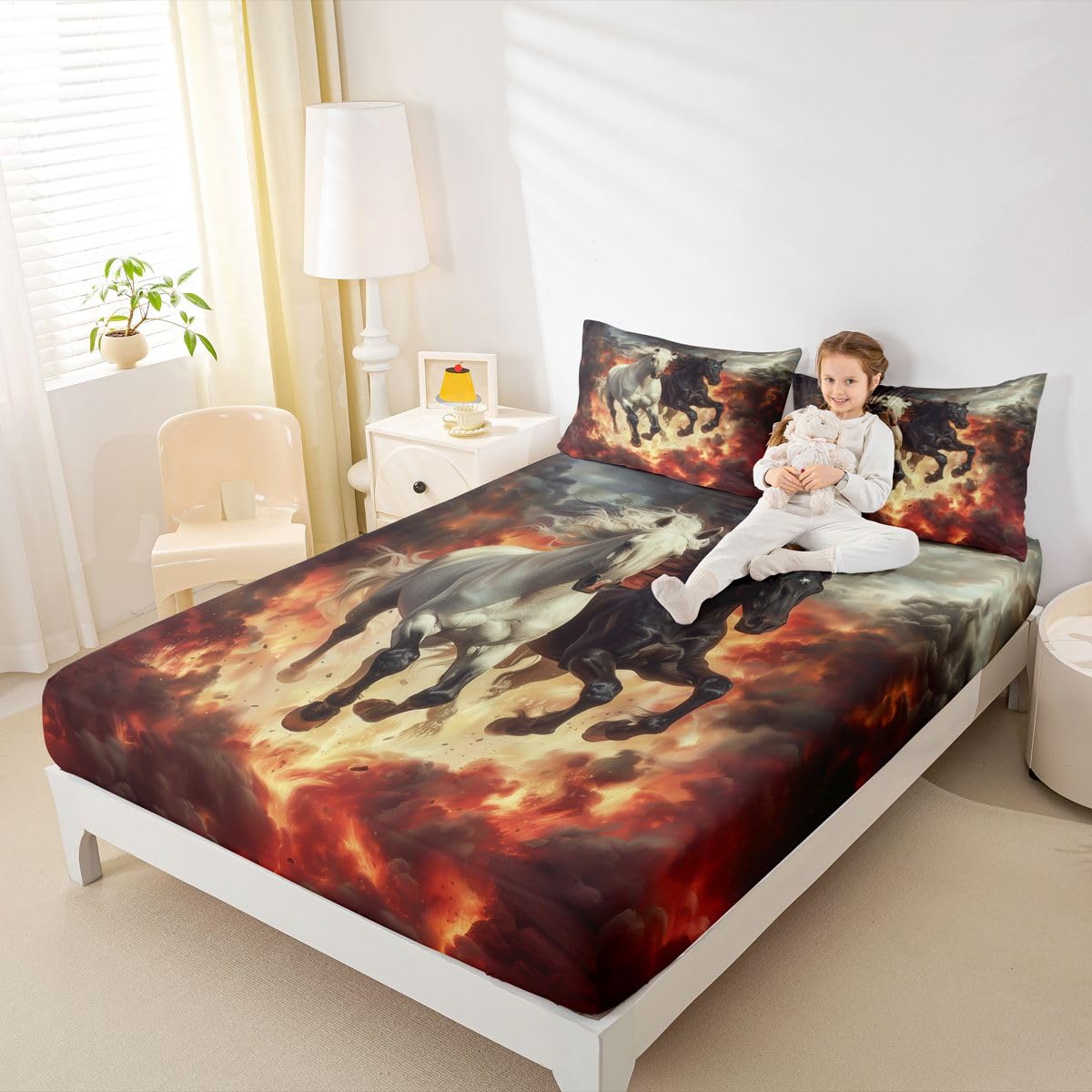 jejeloiu Horse Bed Sheets Sets Queen Size Kids Boys Girls Black and White Horse Bedding Set Western Farm Animals Bed Sheet Set with 16-Inch Deep Pockets Country Farmhouse 4Pcs with 2 Pillow Cases