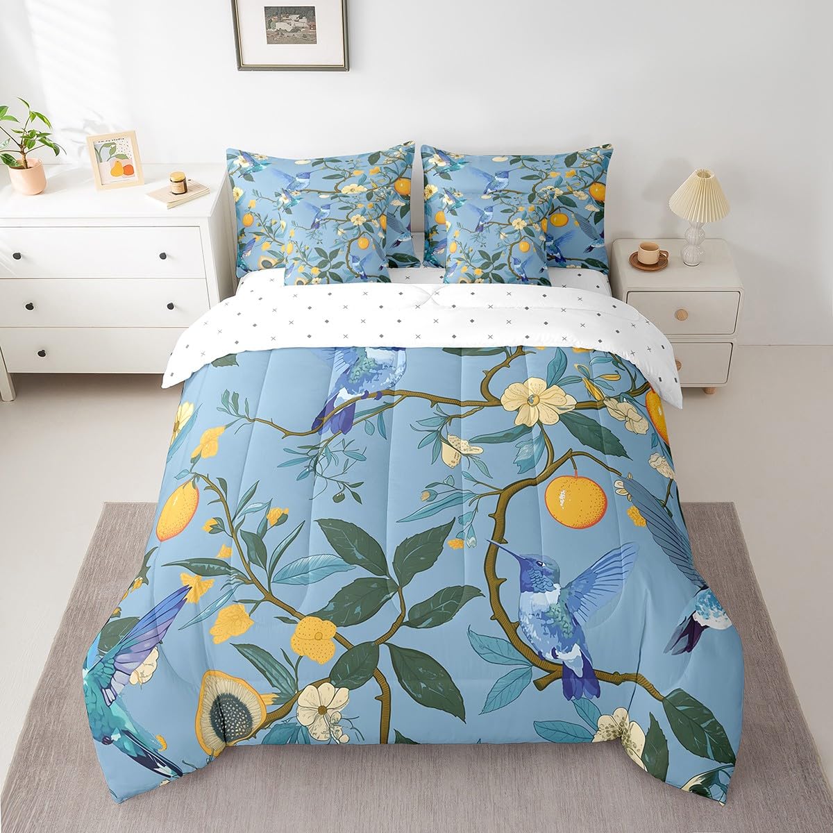 Erosebridal Hummingbirds Bedding Set for Kids Teens,Oil Painting Fruit Comforter Set King Size,Lemon Tree Branches (Comforter+Fitted+Flat Sheet+2 Pillowcases+2 Throw Pillow Covers) 7 Pieces Bed Set
