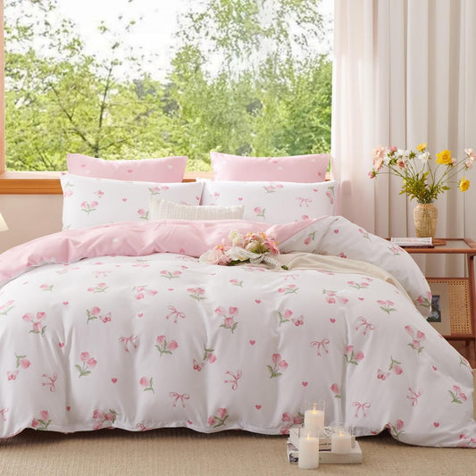 Erwinmu Floral Comforter Set King Size - 3 Pieces Pink White Floral Tulips Bow Comforter Bedding Sets Reversible Pattern,King Bed in a Bag with Flowers Comforter and 2 Pillowcases