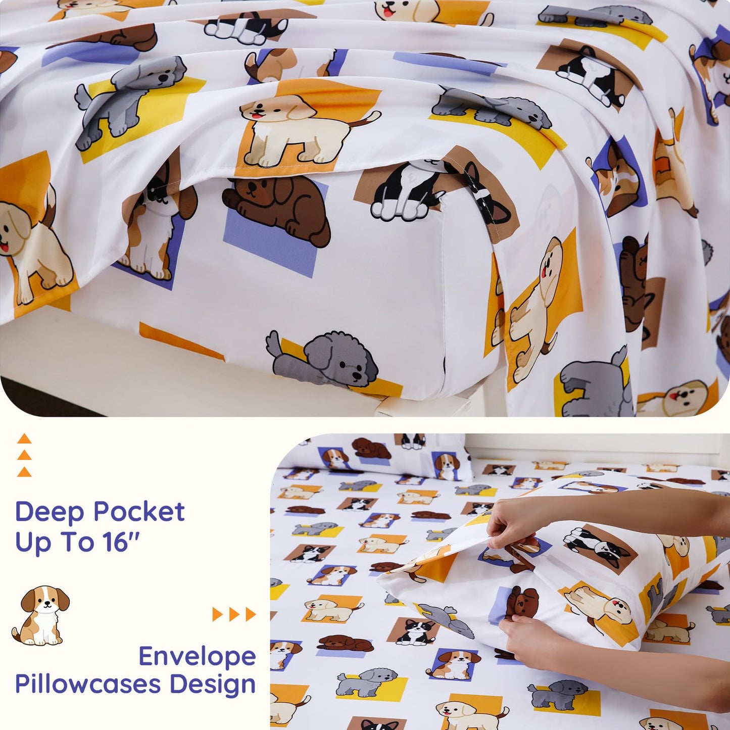 MCO Pet Dog Twin Sheets Set for Kids, Soft Microfiber Bed Sheet Set for Boy Girls, 3 Pieces Breathable Twin Sheets with 1 Flat Sheet 66" x 96", 1 Fitted Sheet 39" x 75", 1 Pillowcase 20" x 30"