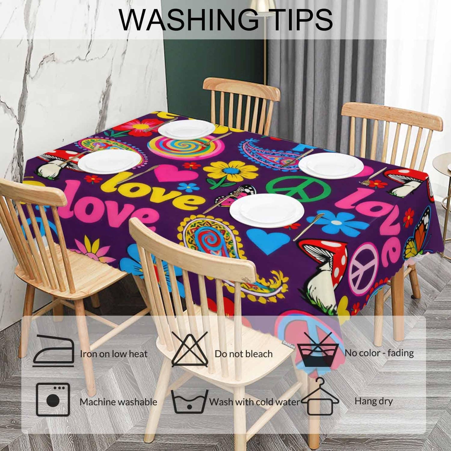 Beabes Peace Symbol Table Covers Hippie Peace Paisley Floral Colorful Heavy Weight Tablecloth Picnic Table Cloth for Kitchen Dinning Tabletop Outdoor BBQ Buffet Rectangle 52x70 Inch