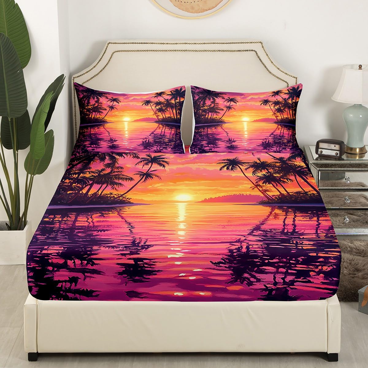jejeloiu Purple Beach Theme Fitted Sheet Full Size Kids Palm Leaf Bed Sheets Set for Boys Girls Teens Sea Ocean Wave Summer Natural Scenery Bedding Set Room Decor