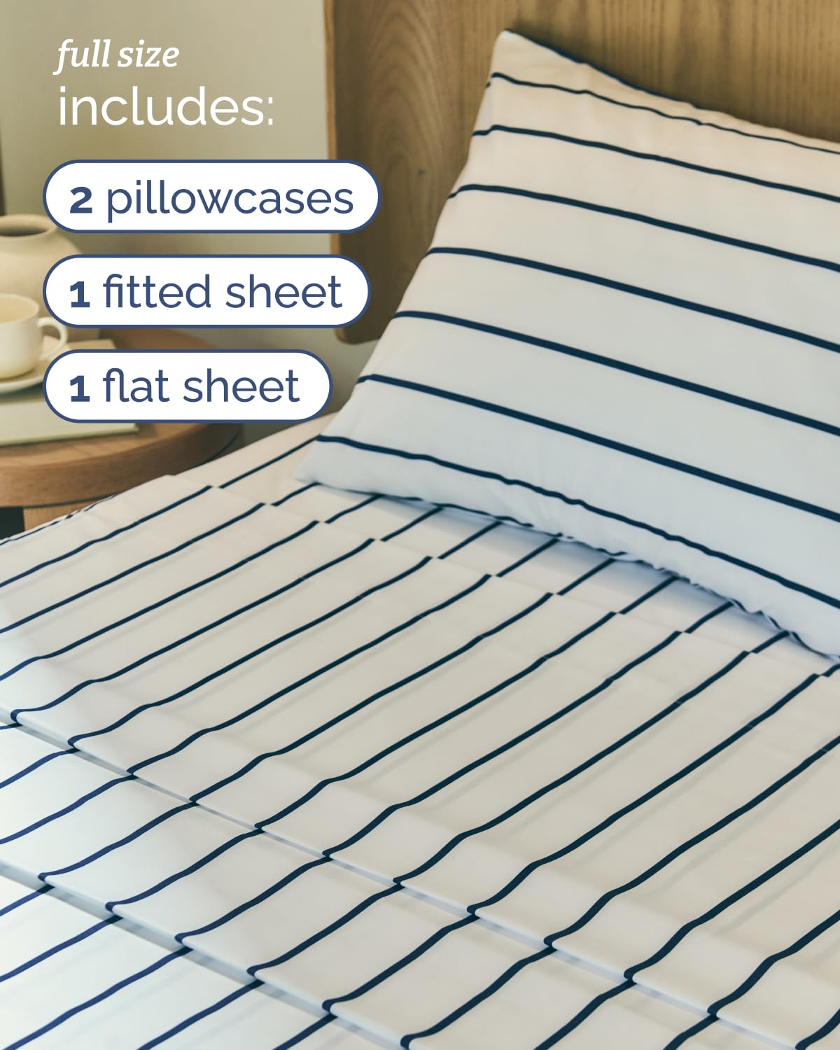 Striped Sheets - Navy Blue & White Striped Sheets - 1 Flat & 1 Fitted & 2 Pillowcases w/ Deep Pockets – Wrinkle & Fade Free - Soft, Breathable & Cooling – Luxury Pinstripe Bedding - Full Size Bed Set