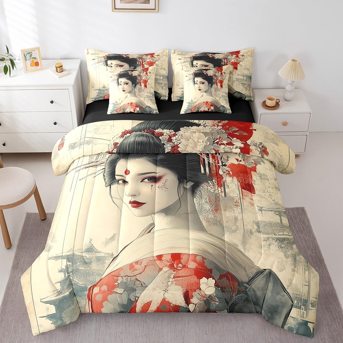 Erosebridal Japanese Geisha Comforter Set Twin,Samurai Ukiyoe Bed in a Bag,Aesthetic Japan Scenery Bedding Set 7Pcs,Art Kimono Quilt