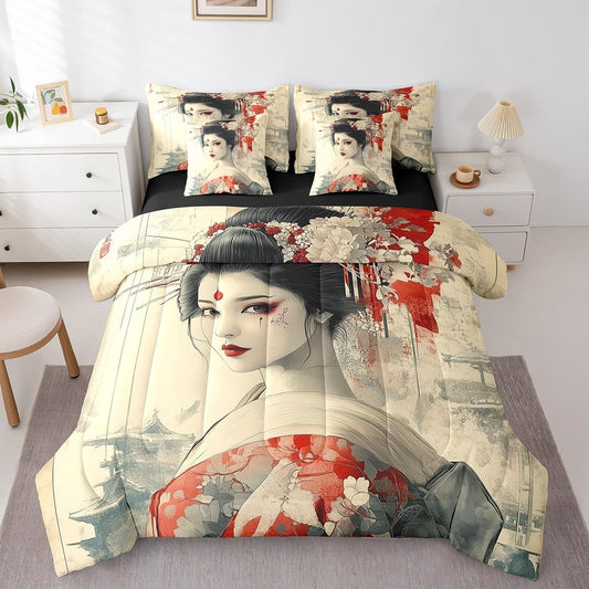 Erosebridal Japanese Geisha Comforter Set Twin,Samurai Ukiyoe Bed in a Bag,Aesthetic Japan Scenery Bedding Set 7Pcs,Art Kimono Quilt