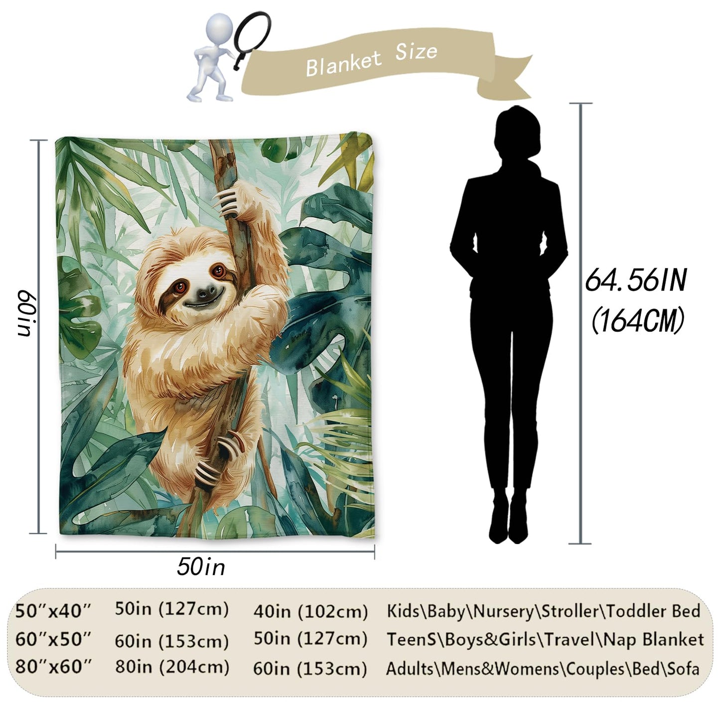 Ti Caldi Adorable Sloth in a Lush Jungle Blanket, Soft Flannel Throw Blanket for Couch, Bed, Travel & Home Decor, Lightweight Cozy Warm Fuzzy Blankets for Adults Women Kids Nature Lovers 60×50 in
