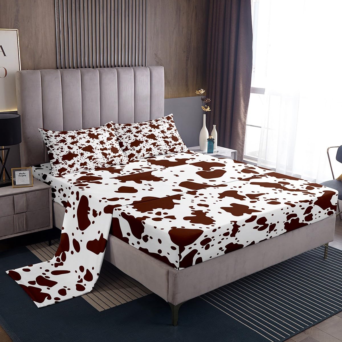 Erosebridal Cow Fur Print Bed Sheets Queen Size White Brown Cowhide Sheet Set 4Pcs for Kids Boys Room Decor Animal Skin Print Flat Sheet Farmhouse Cow Print Fitted Sheet with 2 Pillowcases