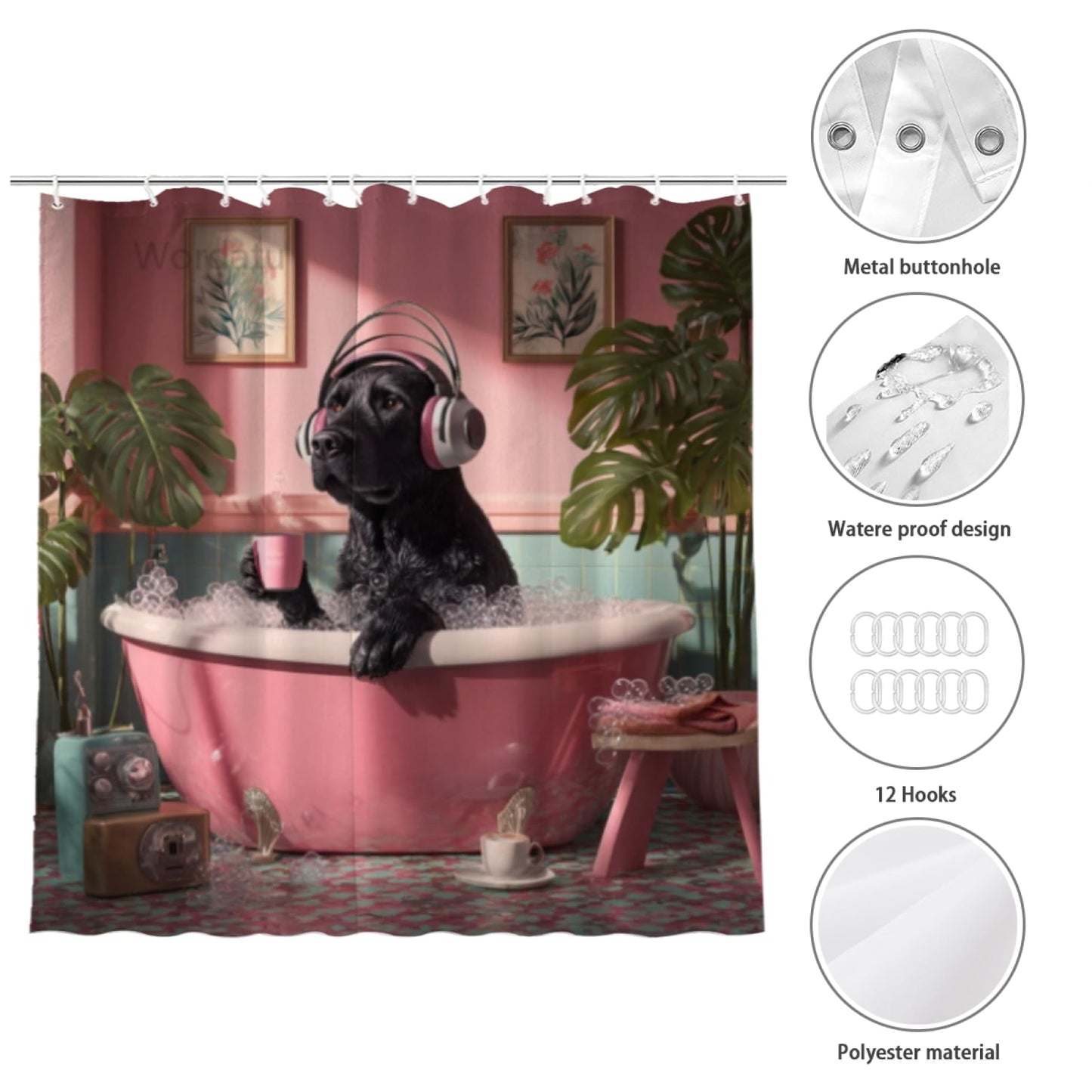 Wordatu Black Labrador Dog Shower Curtain Kids Cute Fun Pet in Bathtub Tropical Leaves Palm Leaf Plant Greenery Bathroom Decor Fabric Polyester Waterproof 72x72 Inch