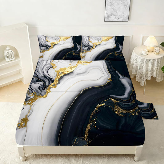 VTKON Black Gold Marble Sheets Sets Twin Size Elegant Marbling Fitted Sheet Set 3D Marble Bed Sheet for Kids Teens Adults Modern Bedspread 1 Fitted Sheet+1 Flat Sheet+1 Pillowcase