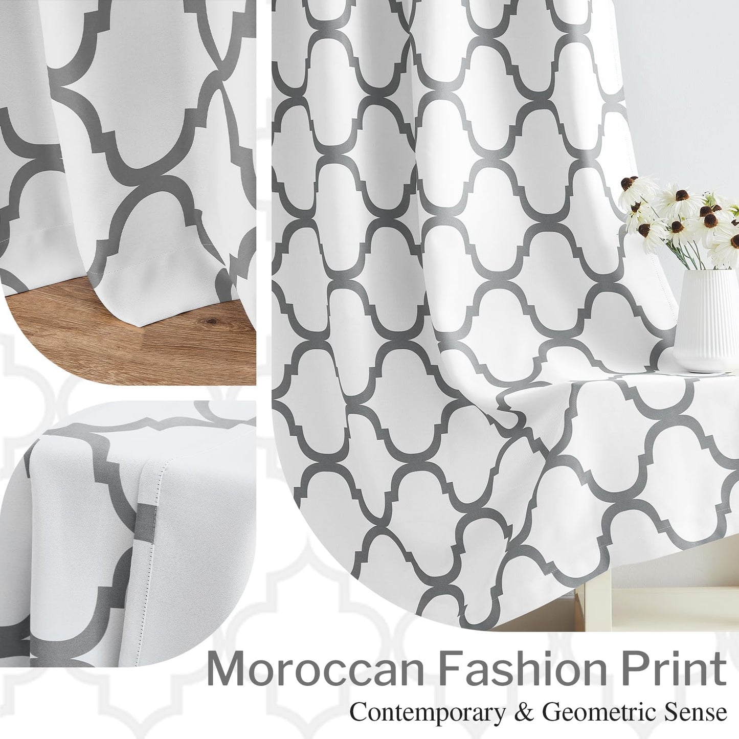 Melodieux Moroccan Printed Room Darkening Blackout Grommet Curtains for Bedroom Small Windows, 42 by 45 Inch, Off White/Grey (2 Panels)
